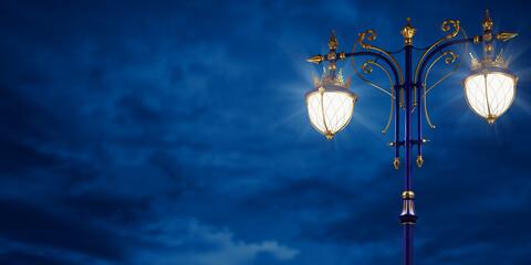 3d render of a street lamp. Night dark blue sky. Luxury outdoor lighting. Gold decor and blue lamppost. Urban design. Night city.
