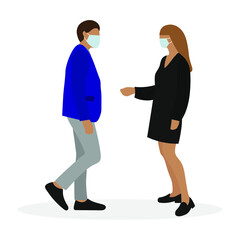Male character and female character in medical masks standing and talking on a white background
