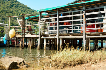  A simple wooden structure on stilts, equipped for a mussel and oyster farm on the banks of the Lima Canal in Croatia.