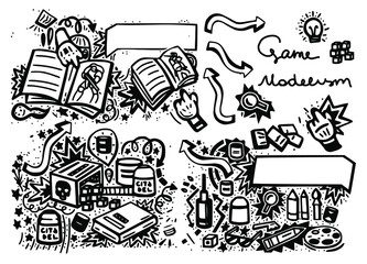 Retro vector set of comic drawings about board games warcraft and skyrmish, bench modeling.
Vector illustration, vintage design, pop art style.