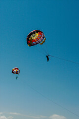 View from below parasailing in blue sky with colorful parachute at beach. Fun and extreme sport activity. Clear blue sky. For background or wallpaper.