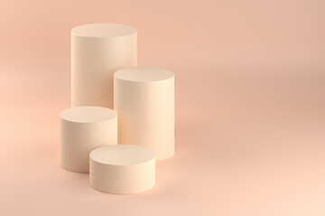 Beige pastel cylinder stand or pedestal for products. 3D rendering in minimal style.