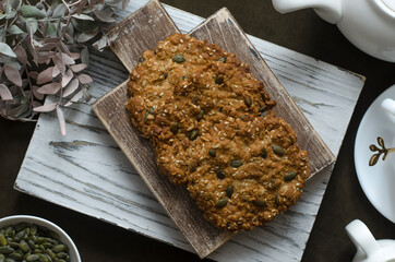 Oatmeal cookies with pumpkin seeds and sesame seeds
