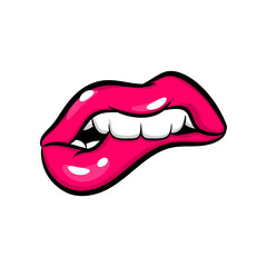 Swag dare pink red woman lips in pop art style isolated on white background. Cartoon girl make up vector illustration. Sexy pop art lips sticker with. Vintage cartoon pop art of girl pink lips.