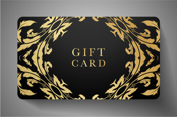 Premium Gift card with vintage curve golden ornament (pattern) on black background. Luxury dark vector template for shopping card, invite design, coupon