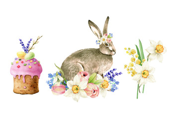 set of watercolor illustrations for Easter holiday with rabbit, spring flowers and Easter cake, hand painted on white background	
