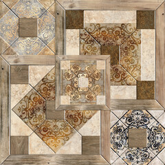 3D render ceramic wall tiles decoration. Abstract damask patchwork pattern