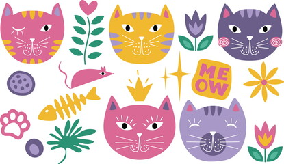 funny cat faces vector set