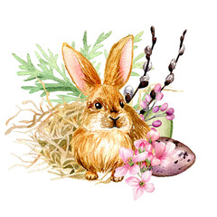 Easter composition with cute bunny and hay.