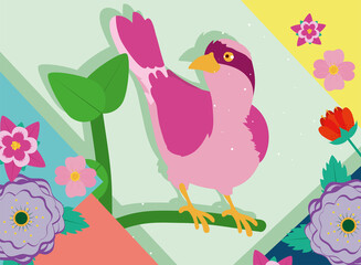 Spring bird with flowers and leaves vector design