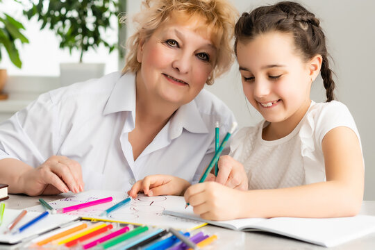 Happy grandchild with grandmother having fun, drawing colored pencils, sitting together at home, laughing preschool girl with smiling grandma painting picture, playing with granddaughter