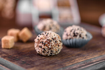Tasty fresh handmade sweet candy with cheese filling and sprinkling