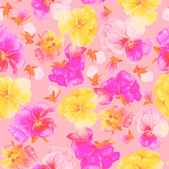 Pink flower pattern and print, watercolor painting on pink background