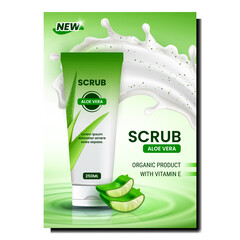 Scrub Aloe Vera Creative Promotional Banner Vector. Scrub Cream Splashing, Blank Packaging Tube And Healthcare Plant On Advertising Poster. Organic Product With Vitamin Concept Template Illustration