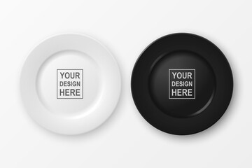 Vector 3d Realistic White and Black Food Empty Blank Porcelain Ceramic Plate Set Closeup Isolated on White Background. Design Template, Mock up. Top View