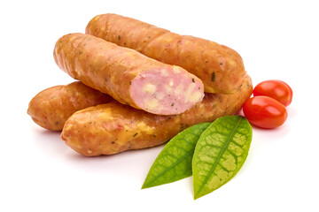 Smoked sausages for grill, isolated on white background. High resolution image