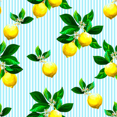 Lemon  seamless vector pattern. Tropical fruit background. Summer exotic print. Hand drawn illustration. Botanical realistic eco pattern.