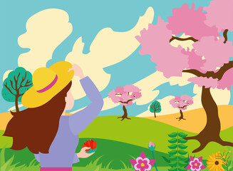 Spring landscape with pink tree girl and flowers vector design