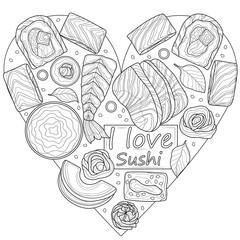Sushi set in the shape of a heart.Food.Coloring book antistress adults. Illustration isolated on white background.Black and white drawing
