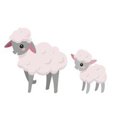 Cute children's illustration with animals that live on the farm - cow and lamb in cartoon style. 
Isolated on white background vector image. Good for web site, children's art book. 