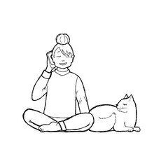 Girl working from home or remotely in house with phone and cat. Hand drawing sketch can be used in greeting cards, posters, flyers, banners, logos, web design, etc. Vector illustration. EPS10