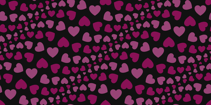 Seamless pattern. Dark pink and light pink hearts. Black background. Wavy textures, motives. For textile and decoration. Repeat graphic design. Geometric colorful love images.