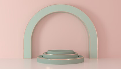 green podium arch with gold accents against the background of a pink wall and floor