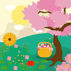 Spring pink tree and flowers basket vector design
