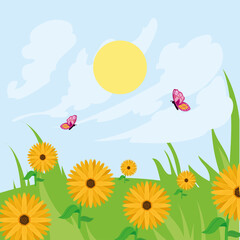 Obraz premium Spring landscape with flowers and butterflies vector design