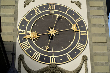 Medieval clock tower called Zytglogge (Swiss German) at the old town of Bern, capital of Switzerland. Photo taken February 24th, 2021, Bern, Switzerland.