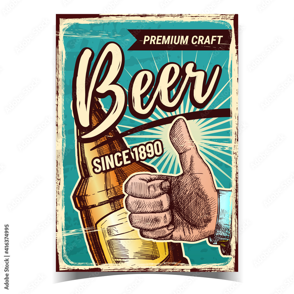 Sticker beer premium craft drink advertise banner vector. blank beer bottle and hand gesturing like good pro