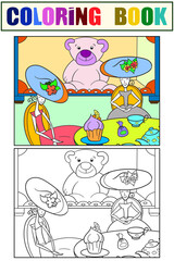 Puppet tea. Fantastic children. Set coloring book. Raster illustration.