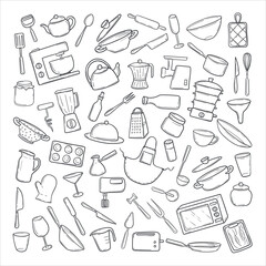 Large set of kitchen utensils in a hand-drawn sketch. Cooking tools in doodle style. Household appliances, utensils, glasses, saucepan, plates, cutlery.Vector illustration isolated on white background