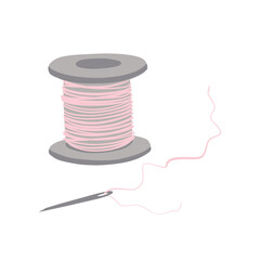 A spool of pink thread and a needle and thread. Doodle vector illustration