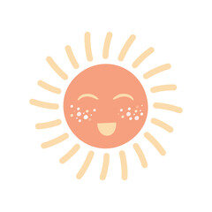 Cute hand drawn sun. Boho nursery doodle icon isolated on white background. Cartoon clipart for baby shower, greeting card, kids bedroom decor, birthday party, textile of apparel. Vector illustration