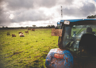 Modern farm tractor in the field prepared for work on the farm. Organic fruit production and...