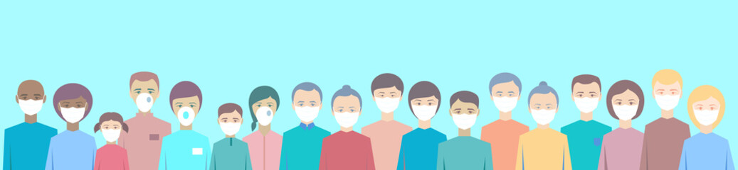 Fototapeta premium Group of people wearing medical masks to prevent disease, flu, air pollution, contaminated air, world pollution. In frontline are person of different ages: elderly, young. Illustration in a flat style