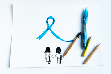 Drawing with two children in front of blue ribbon with pencils - National child abuse prevention month