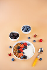 Fresh breakfast with greek yogurt nuts oatmeal granola with berries in a bowl