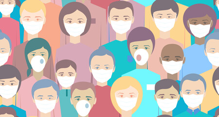 Seamless pattern. Coronavirus in China. Novel coronavirus (2019-nCoV), people in white medical face mask. Concept of coronavirus quarantine flat bright illustration.