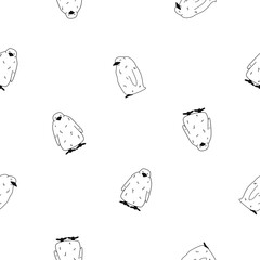 Vector seamless pattern of outline king penguin children chicks. Doodle cartoon isolated kid fluffy animals on white background. Front and side views. Black white effect for kid clothes or patters.