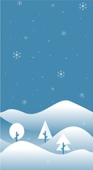 Fototapeta na wymiar Winter landscape illustration in flat style with design snow and tree in noon view. Aesthetic winter season background. Banner template for mobile phone screen saver theme, lock screen and wallpaper. 