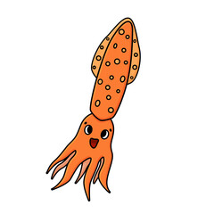 Orange vector Longfin inshore squid. Cartoon doodle Animal with eyes and smile is isolated on white background