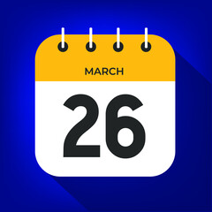 March day 26. Number twenty-six on a white paper with yellow color border on a blue background vector.