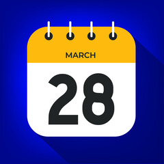 March day 28. Number twenty-eight on a white paper with yellow color border on a blue background vector.