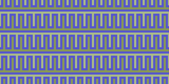 Seamless pattern. Thick olive, cream straight lines. Perpendicular stripes with blue background. Twisted texture and labyrinth motives. Simple geometric shapes. Rectangular images.