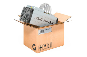 ASIC miner inside cardboard box, delivery concept. 3D rendering