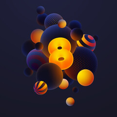 Luminescent yellow number 8, one with realistic blue balls, blured and luminous, orange balls with patterns, dots and stripes with soft touch feeling in dark background. Vector illustration. 