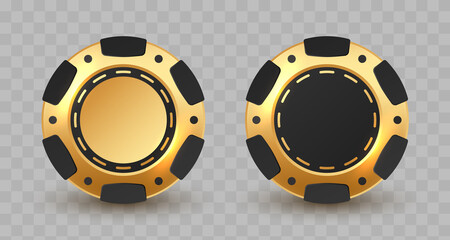 Naklejka premium Set of gold and black poker chips, token with shadow on transparent background. Vector illustration for card, casino, game design, flyer, poster, decor, banner, web, advertising.