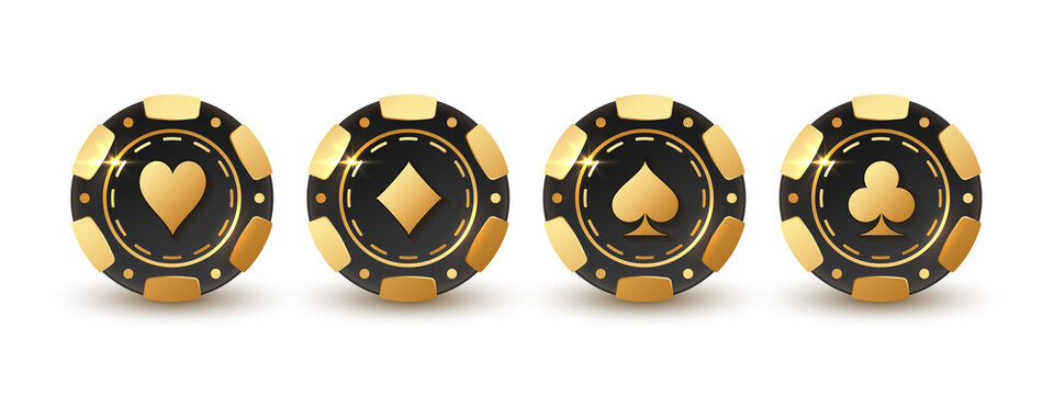 Set of gold and black poker chips, token with suits on white. Diamonds, clubs, hearts, spades. Vector illustration for casino, game flyer, poster, banner, web, advertising. Stock Vector | Stock